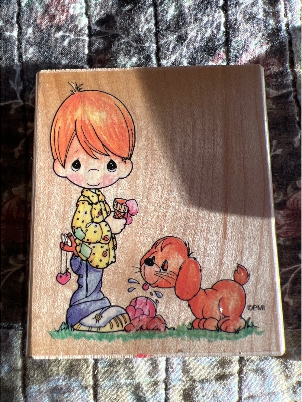Vintage Wooden Ink Stamp with Boy and Dog Design
